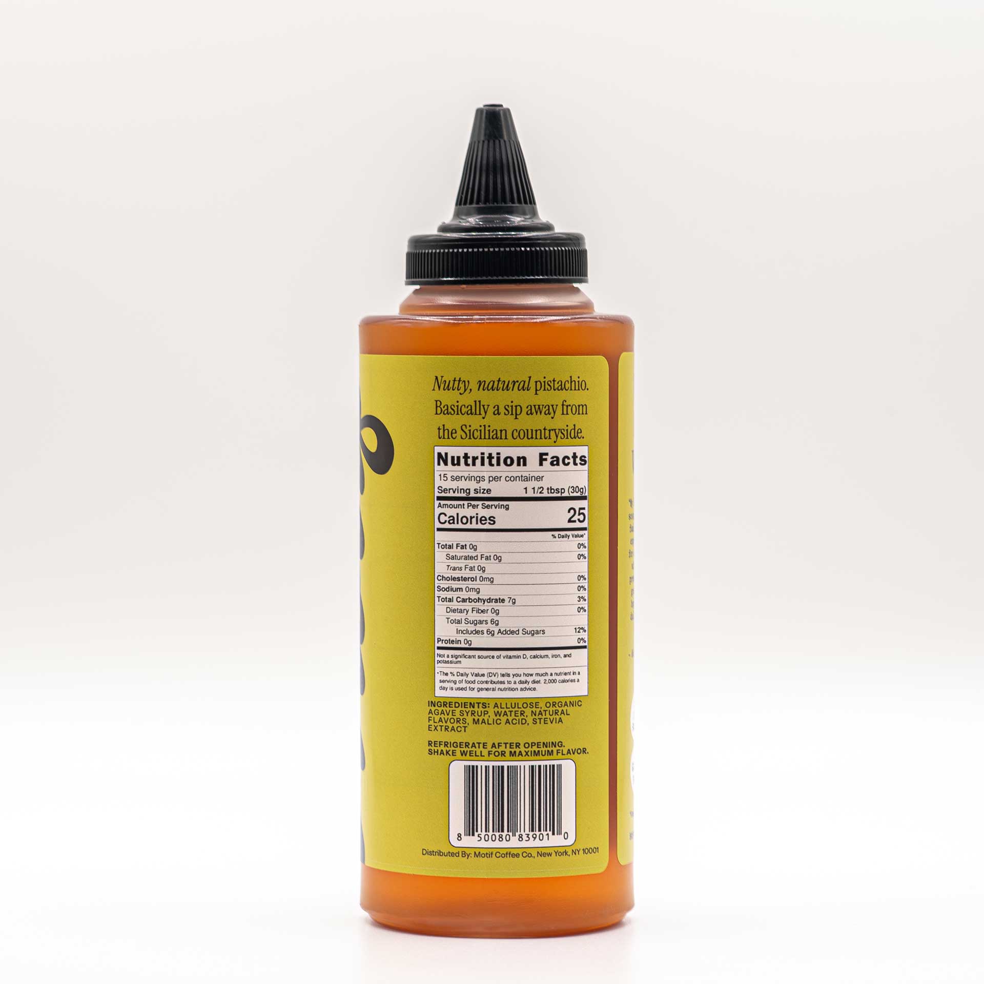 Back view of the Pistachio Syrup bottle showing the Nutrition Facts panel and ingredients list.