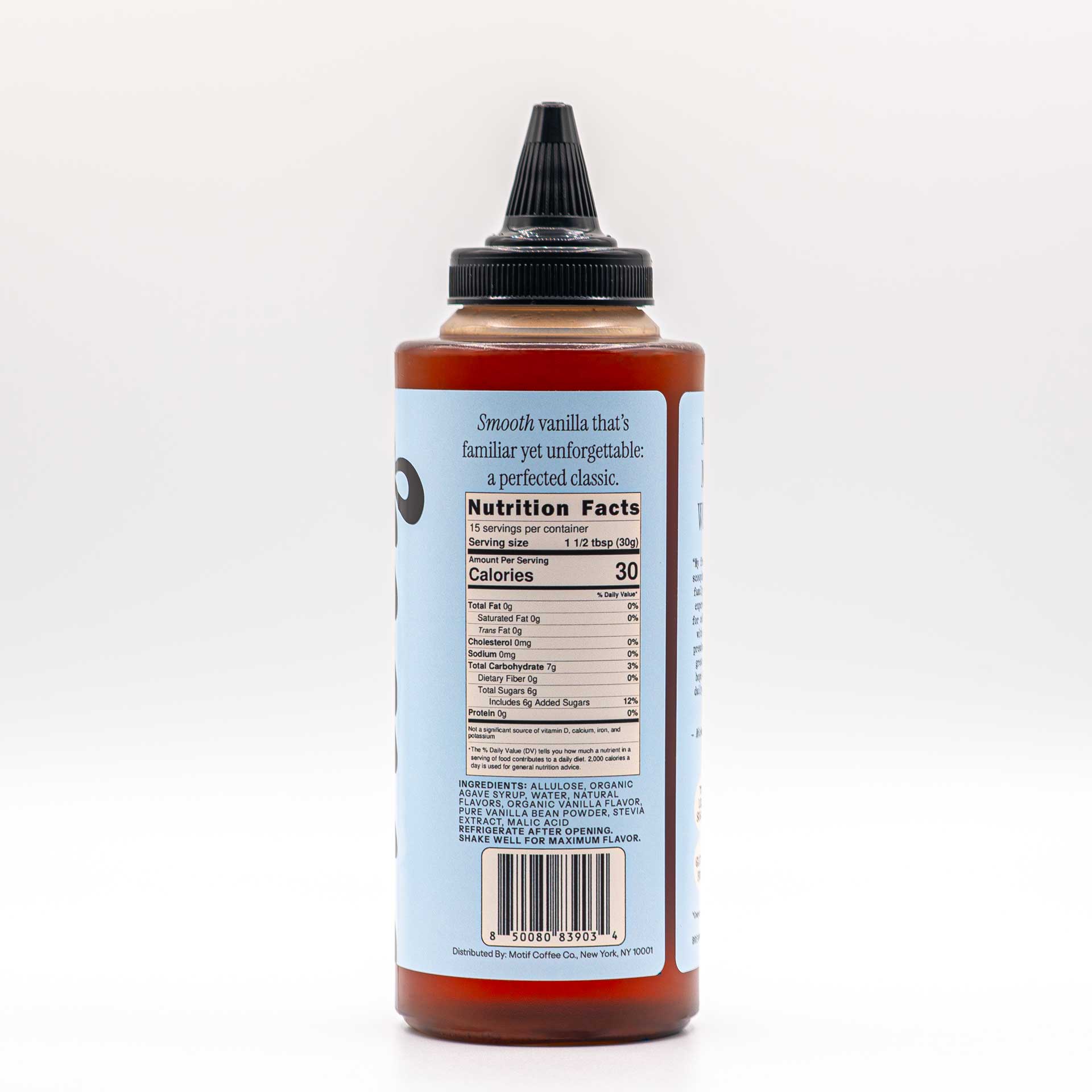 Back view of the Vanilla Syrup bottle showing the Nutrition Facts panel and ingredients list.